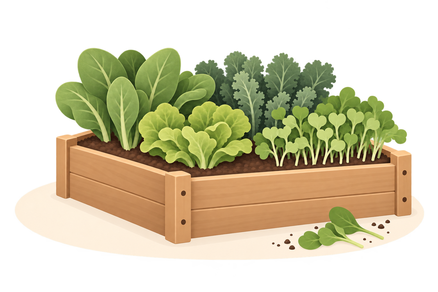 A timber raised bed filled with leafy vegetables.