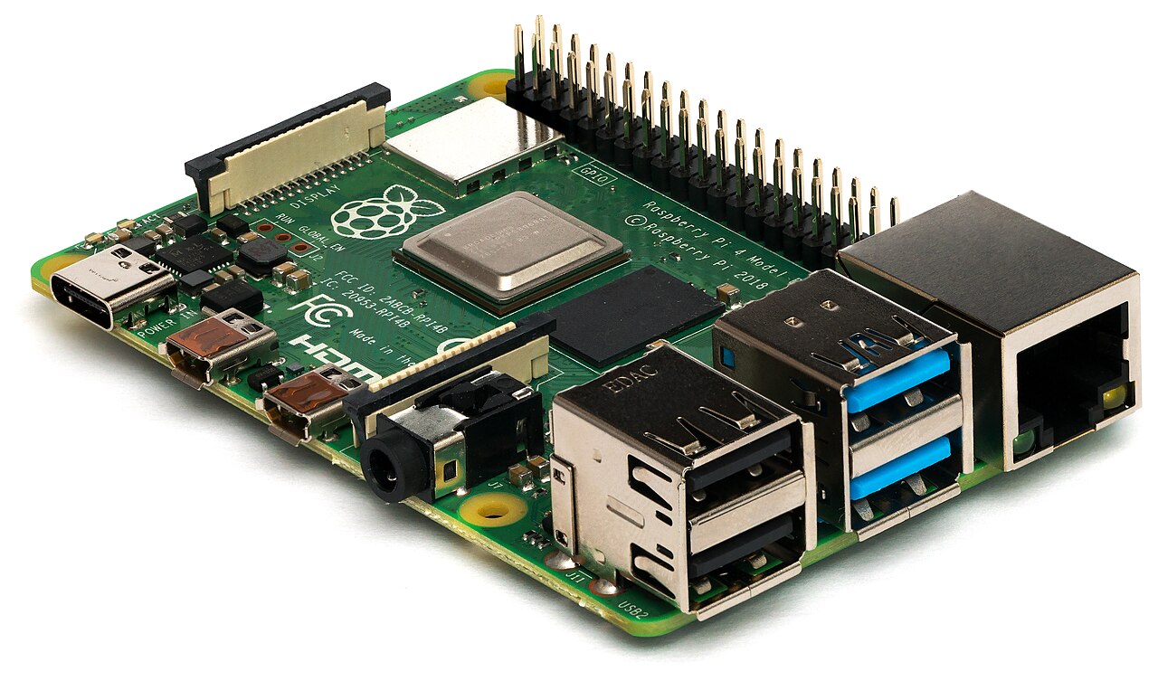 Raspberry Pi 4 Model B board with GPIO pins and USB and Ethernet ports.