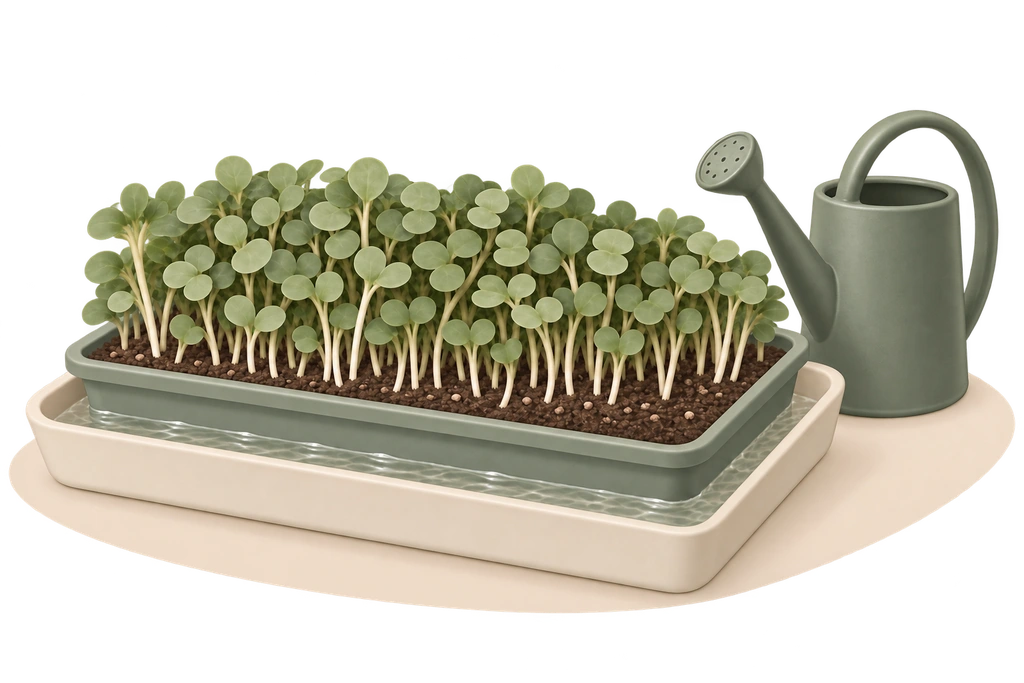 A microgreens tray nested in a water-filled catch tray for bottom watering