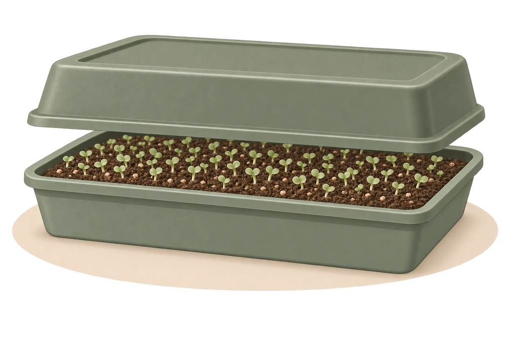 Young sprouts in a growing tray with a removable blackout cover