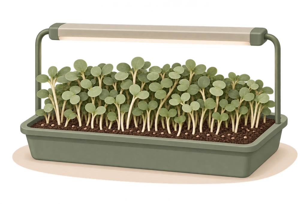 A tray of leafy microgreens beneath a grow light
