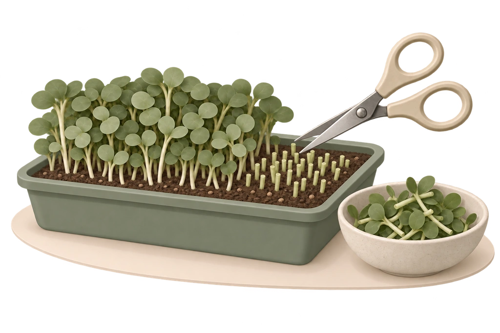 Scissors cutting microgreens above the soil beside a bowl of harvested shoots