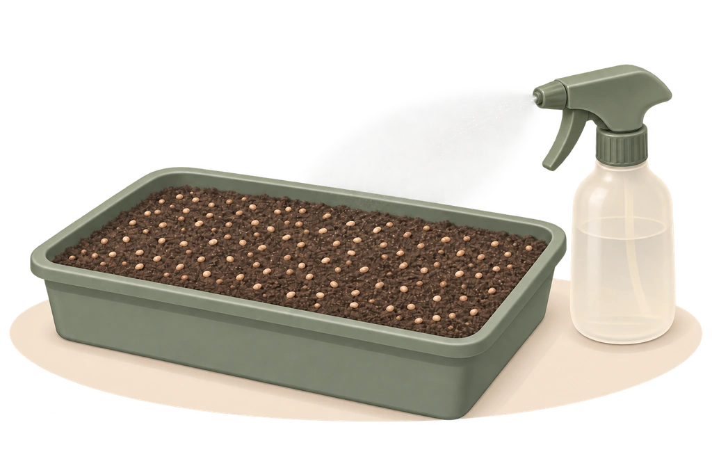 Seeds spread evenly over soil in a tray with a misting bottle