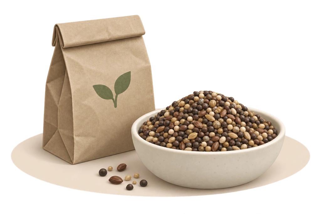 A bowl piled with mixed microgreen seeds beside a folded paper bag
