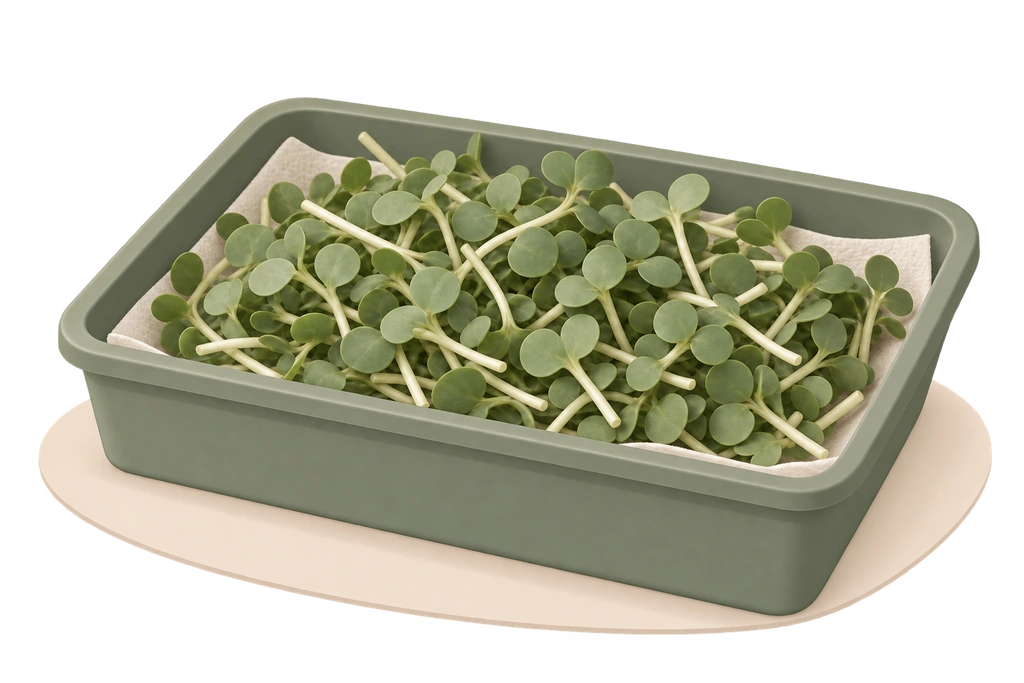 Harvested microgreens in a container lined with a paper towel