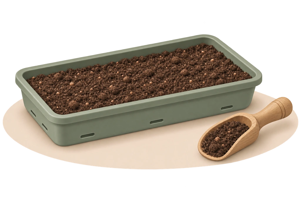 A shallow growing tray filled with potting mix beside a wooden scoop